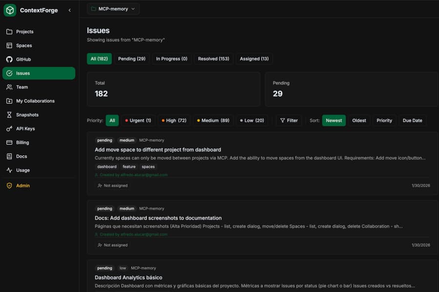 Tasks dashboard showing list of tasks with status filters and priority