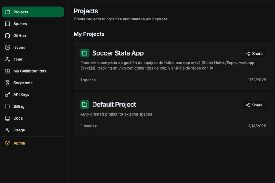 Projects dashboard showing list of projects with spaces count and share buttons