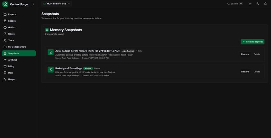 Snapshots dashboard showing list of snapshots with restore options