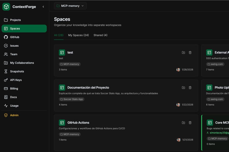 Spaces dashboard showing list of spaces with item counts and actions
