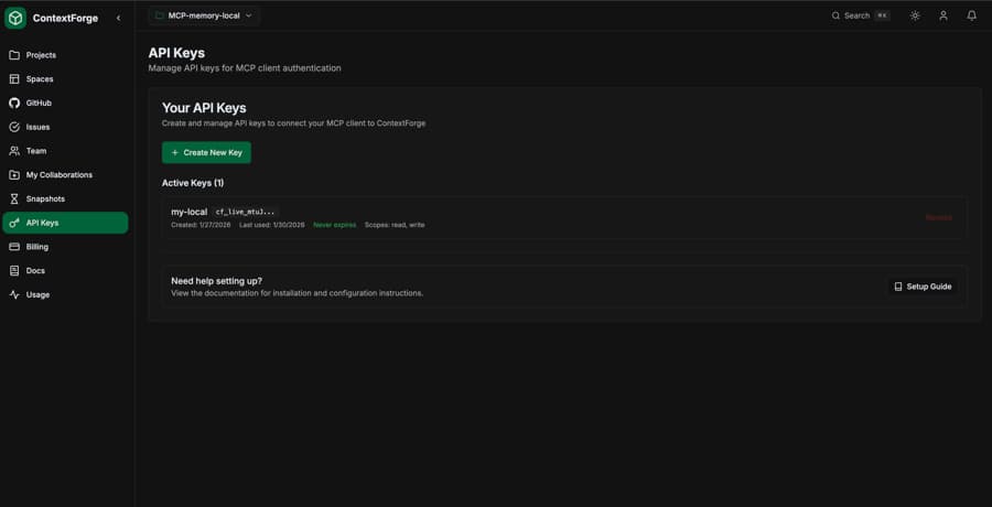 API Keys dashboard showing list of API keys with create and revoke options