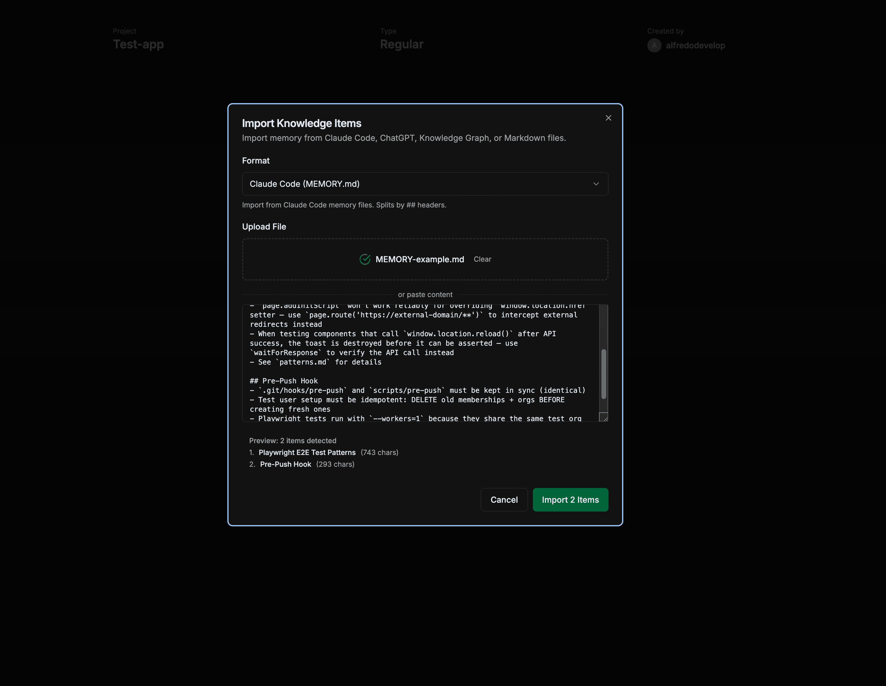 Import dialog showing preview of detected items ready to import