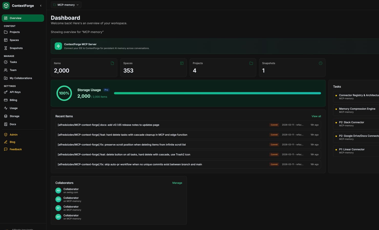 ContextForge dashboard showing recent memory items and tasks