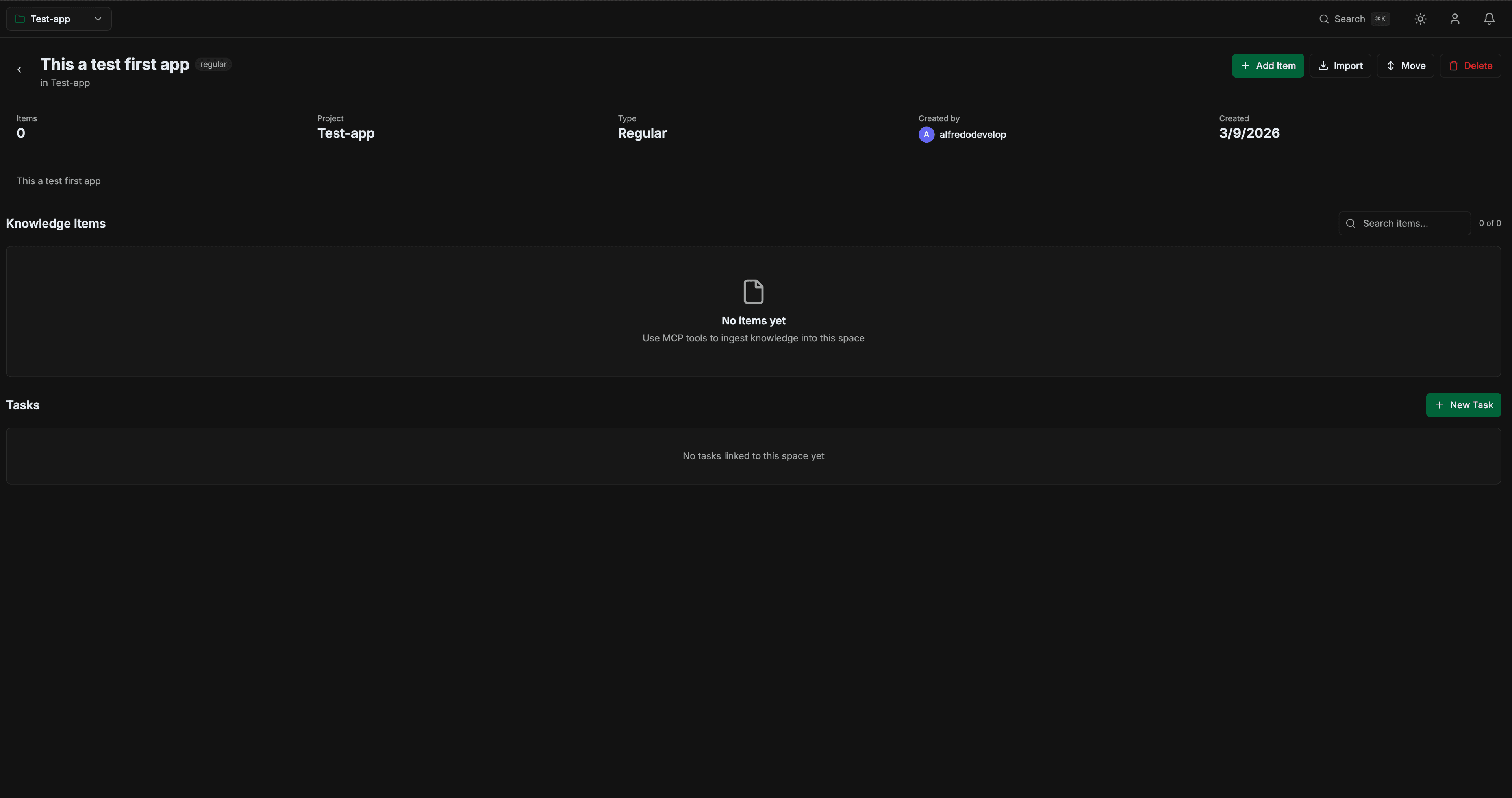 Space detail page showing the Import button in the header